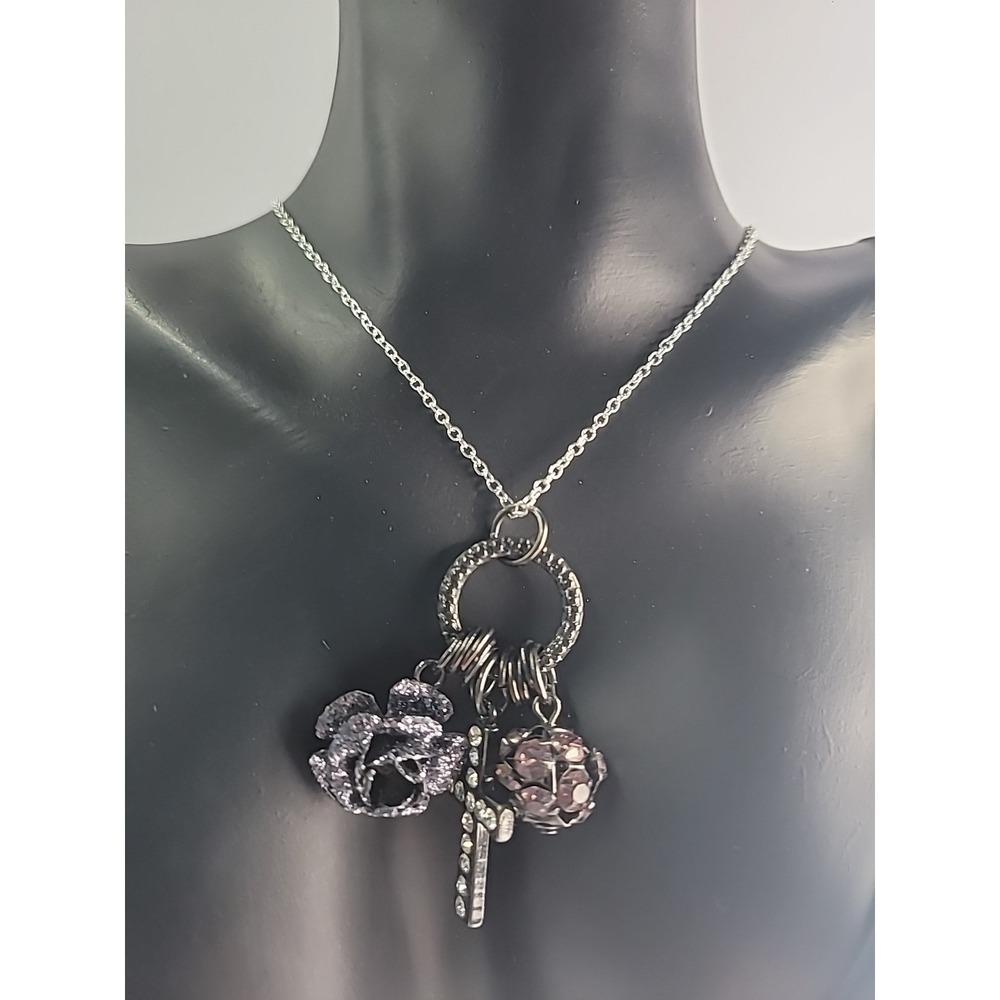 Vintage Gunmetal Tone Crystal Cross Flower Charm Necklace Purple Rhinestone